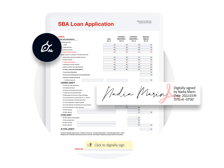 an SBA loan application with a digital signature by Nadia Marin and a digital certificate showing the date and time of signature
