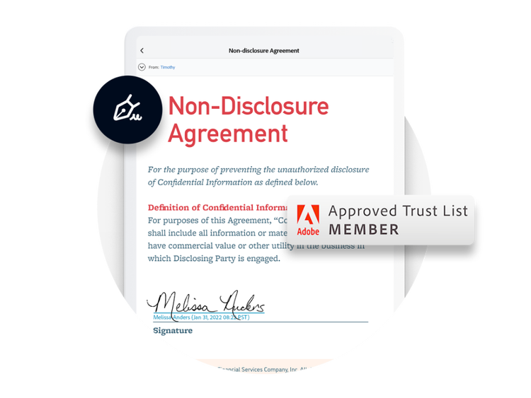 a non-disclosure agreement document with a signature field and a pop-up indicating that it's an approved trust list member