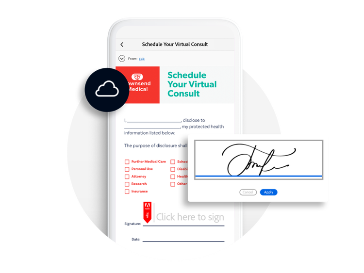 a smart phone showing a medical disclosure form opened in Acrobat and displaying a signature field