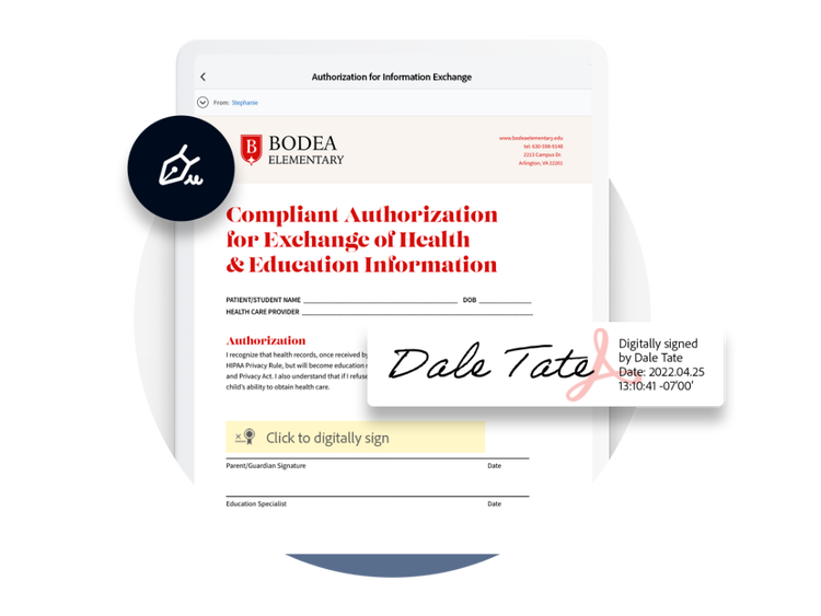an authorization for information exchange document with a digital signature field showing Dale Tate has signed the document and the digital certificate