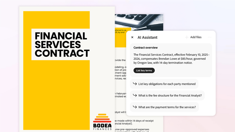 An example of how the Acrobat AI Assistant generates a summary of a Financial Services Contract, emphasizing key dates, compensation terms, governance structures, and termination clauses.