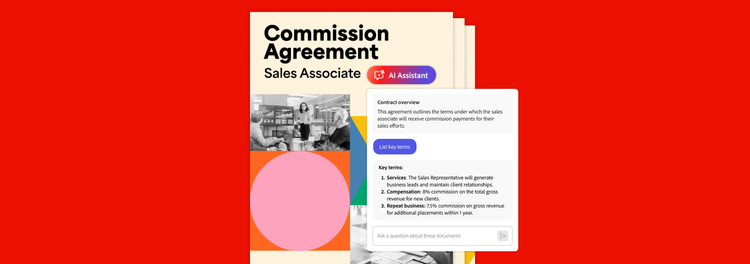 An example of how the new Acrobat AI Assistant contract feature summarizes the key terms of a Commission Agreement, including expected services, compensation details, and commissions for repeat business.