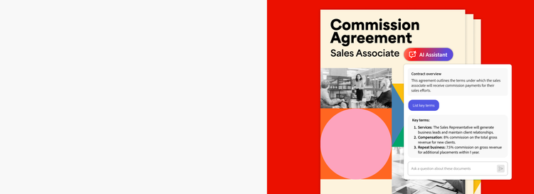 An example of how the new Acrobat AI Assistant contract feature summarizes the key terms of a Commission Agreement, including expected services, compensation details, and commissions for repeat business.