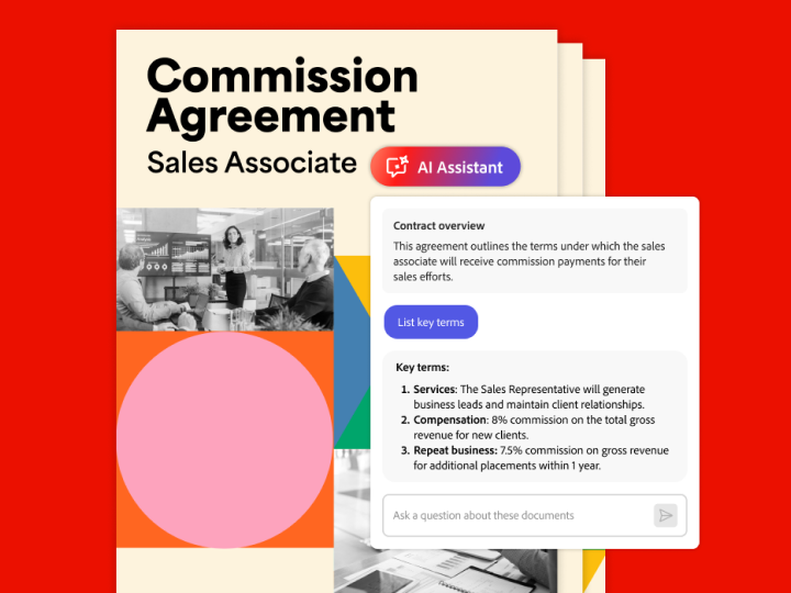 An example of how the new Acrobat AI Assistant contract feature summarizes the key terms of a Commission Agreement, including expected services, compensation details, and commissions for repeat business.